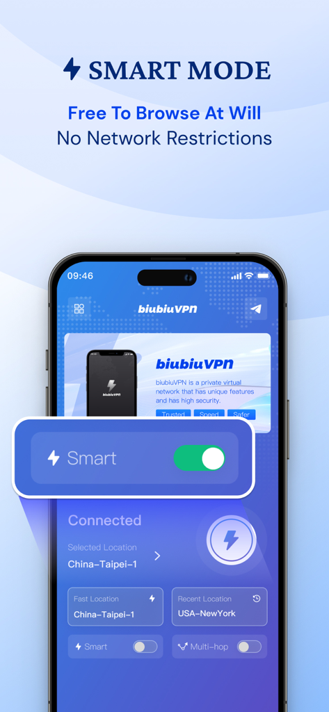 biubiuVPN : VPN - biubiuVPN app interface on an iPhone highlighting the Smart Mode toggle