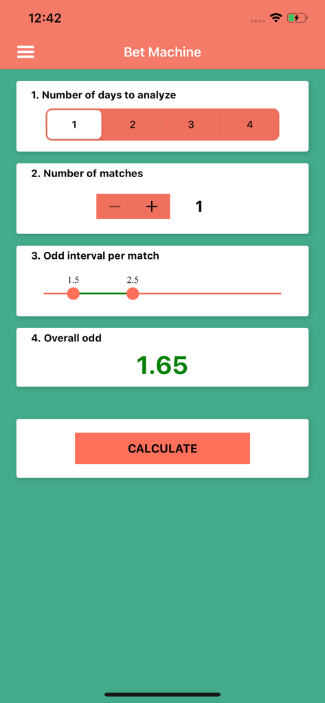 Bullet Bet Predictions - Bet Machine calculator interface in the Bullet Bet Predictions app for optimizing soccer betting strategies