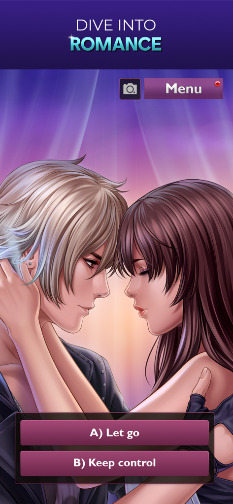 A romantic interaction in the Is It Love? Drogo vampire game showing interactive story choices.