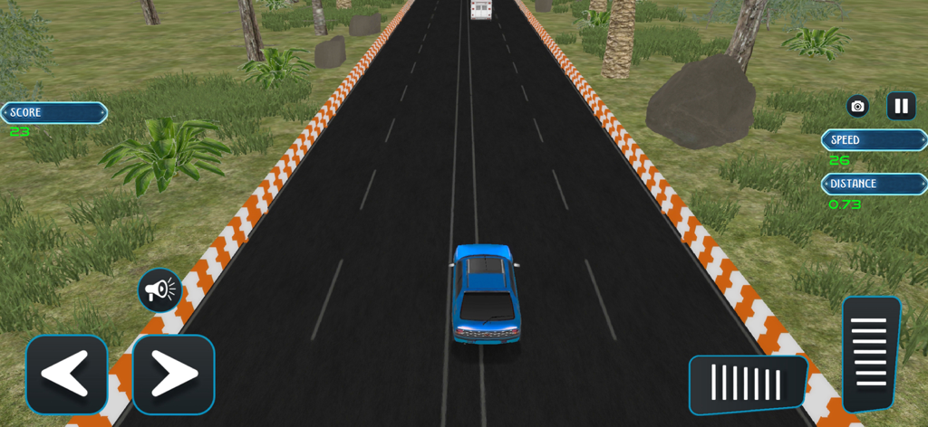 Fast Car Traffic Racing - A blue car racing on a highway with on-screen controls in Fast Car Traffic Racing