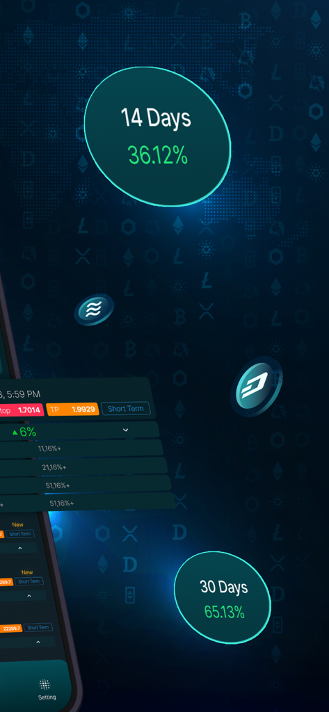 Crypto Signals - Trading Alert - Crypto Signals app dashboard showing profit percentages for fourteen and thirty day trading periods