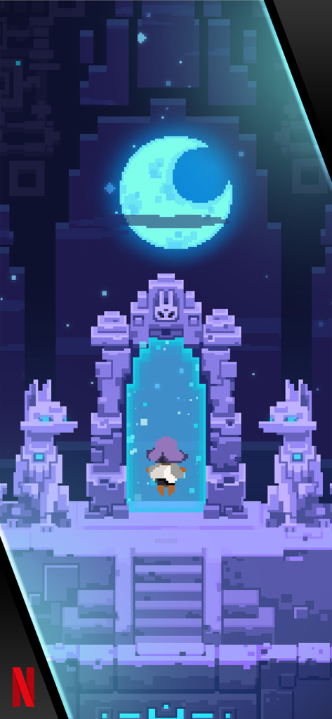 Lucky Luna - A pixel art character standing before a glowing blue portal flanked by fox statues under a crescent moon in Lucky Luna.