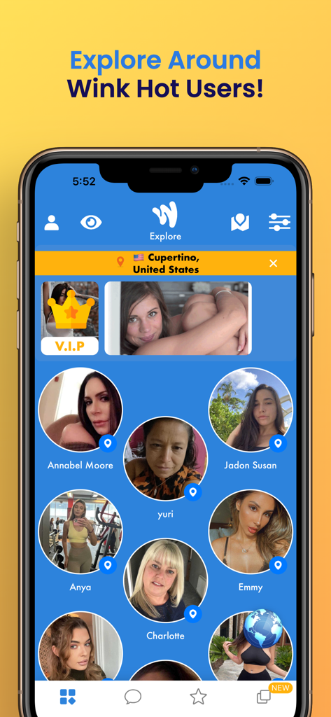 Wink – Date, Chat & Connect - Wink app explore screen showing profiles of nearby users in Cupertino