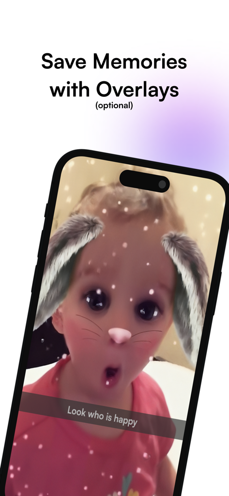 Memport - Save Your Memories - iPhone screen showing a Snapchat photo of a baby with a bunny filter and text overlay being saved to the camera roll using the Memport app.