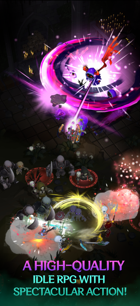 Jogabilidade de ação de alta qualidade apresentando efeitos de combate espetaculares e monstros em Weapon Master Idle RPG