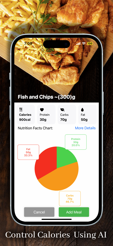 AI Calories Counter - By Photo - Nutritional analysis of a meal with calories and macronutrient pie chart in the AI Calories Counter app