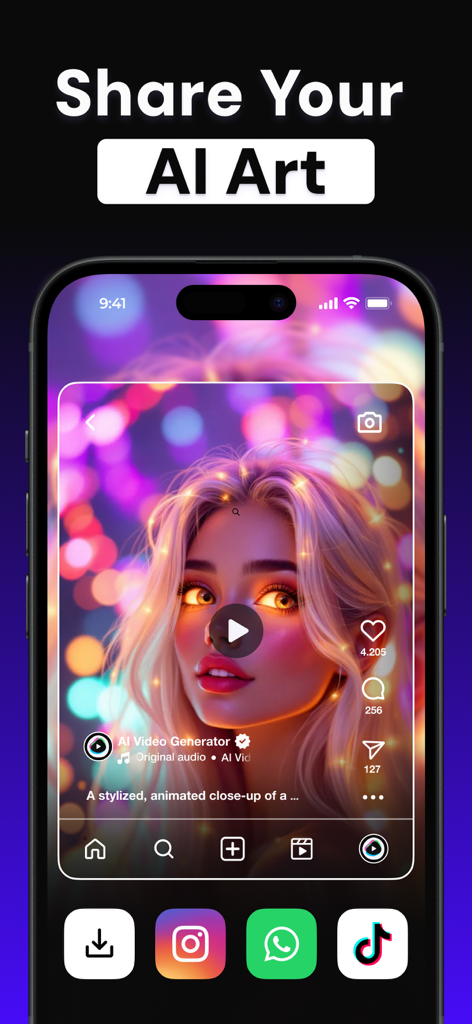 AI video generator app interface showing a stylized portrait and social media share icons