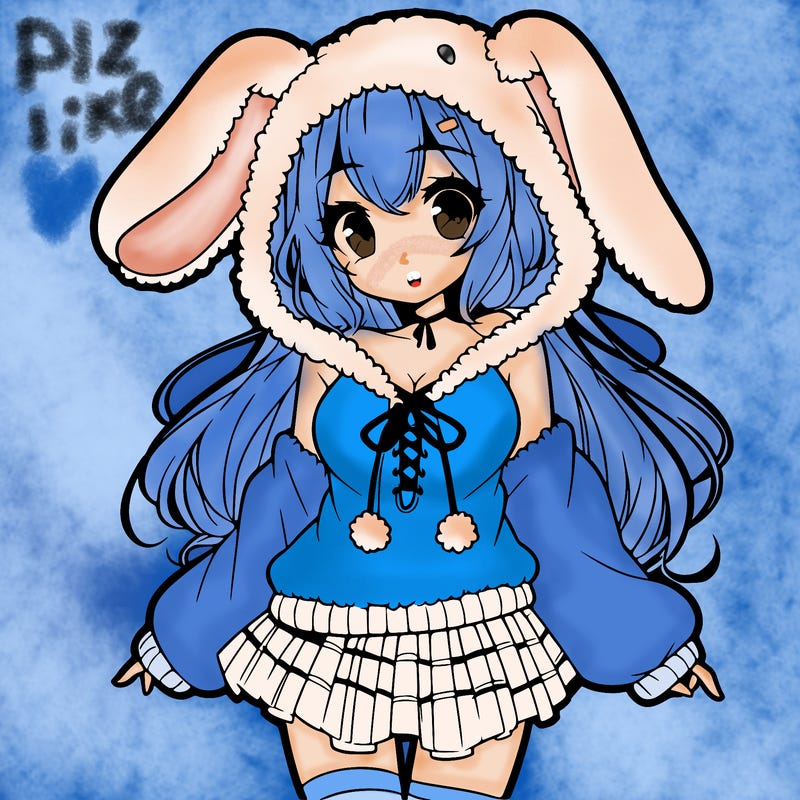 pretty anime girl wearing a fluffy hoodie with bunny ears on the hood and a skirt