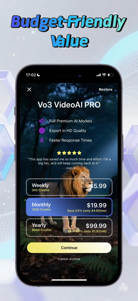Interfaz de suscripción del Generador de Vídeo IA Vo3 que muestra planes de precios semanales, mensuales y anuales para acceso profesional