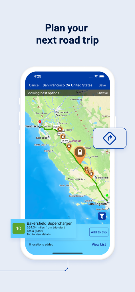 PlugShare app interface showing an electric vehicle road trip route with charging stations highlighted on a map between San Francisco and Los Angeles