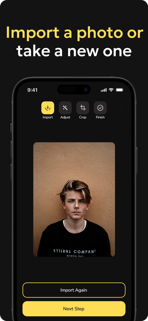 Passport Photo & ID Photo - Interface of the Passport Photo app showing the option to import or take a new portrait photo for ID documents
