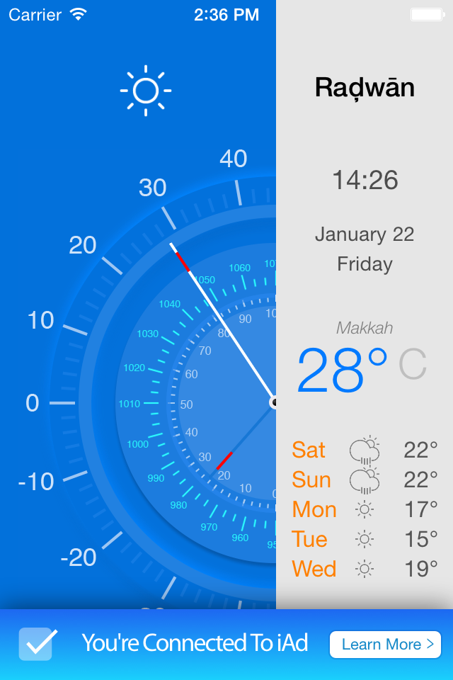 iPhone screenshot of a weather app showing the current temperature of 28 degrees Celsius in Makkah and a 5 day forecast