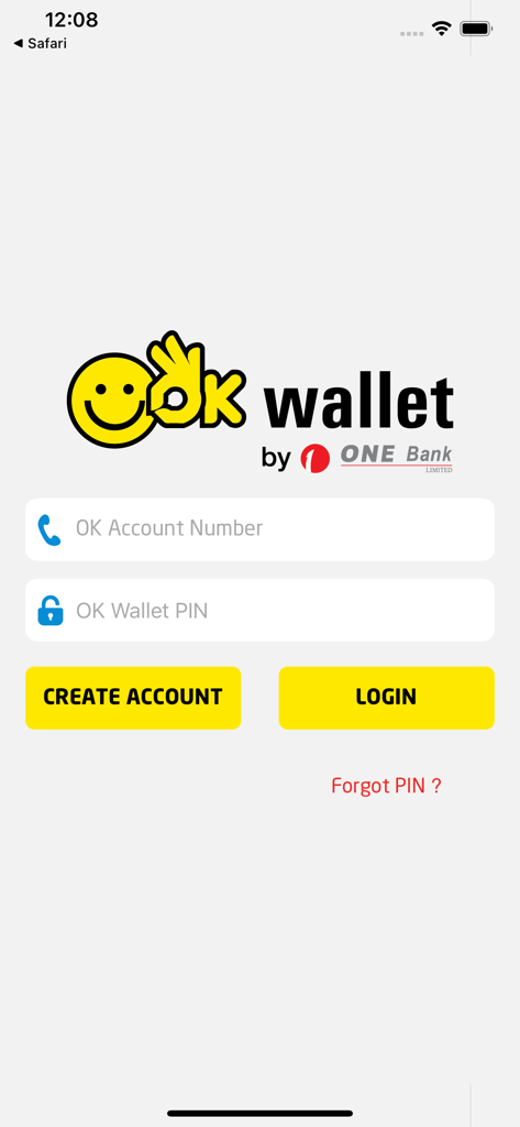 Anmeldebildschirm der OK Wallet Mobile-Banking-App von ONE Bank Limited mit Feldern für Kontonummer und PIN-Eingabe.