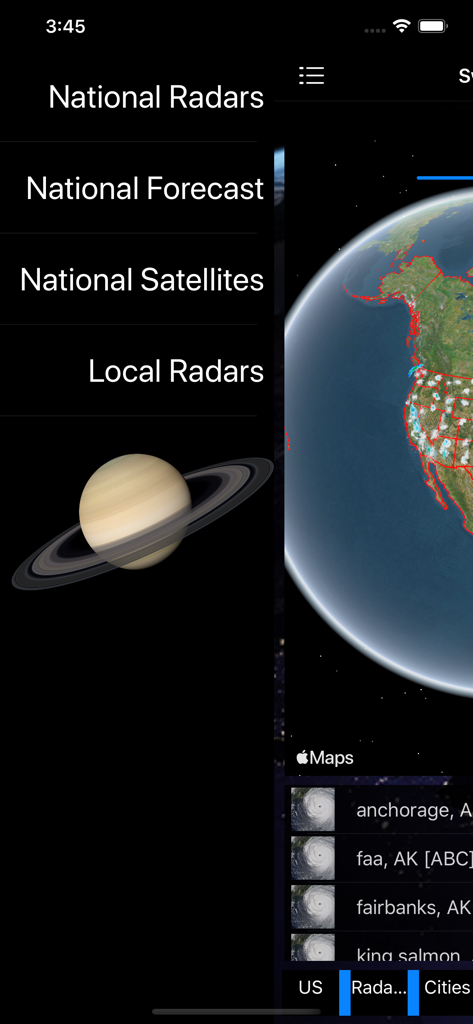 US NOAA Radars 3D Pro - Main menu and 3D globe visualization in the US NOAA Radars 3D Pro app.