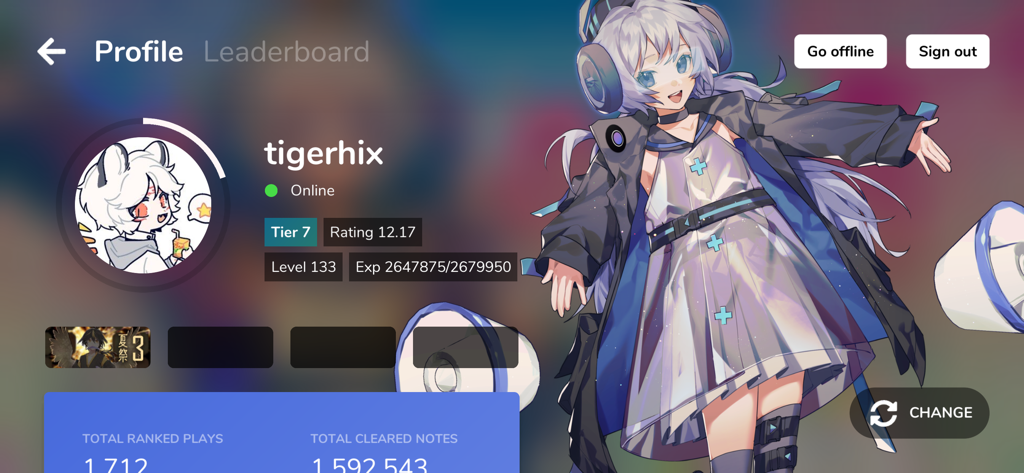 Cytoid user profile interface showing level 133 tier 7 rating and anime character customization