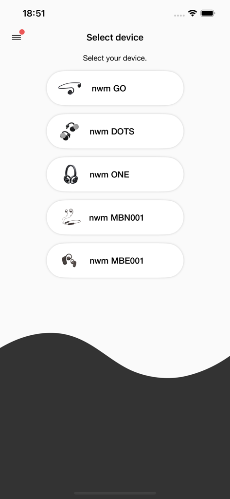 nwm Connect - Interfaz para seleccionar un dispositivo de audio nwm de sonoridad NTT de una lista que incluye nwm GO, DOTS y ONE.