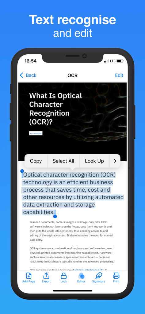 Document Scanner · Scan to PDF - ドキュメントスキャナーアプリのOCRテキスト認識と編集機能を示すiPhone画面。