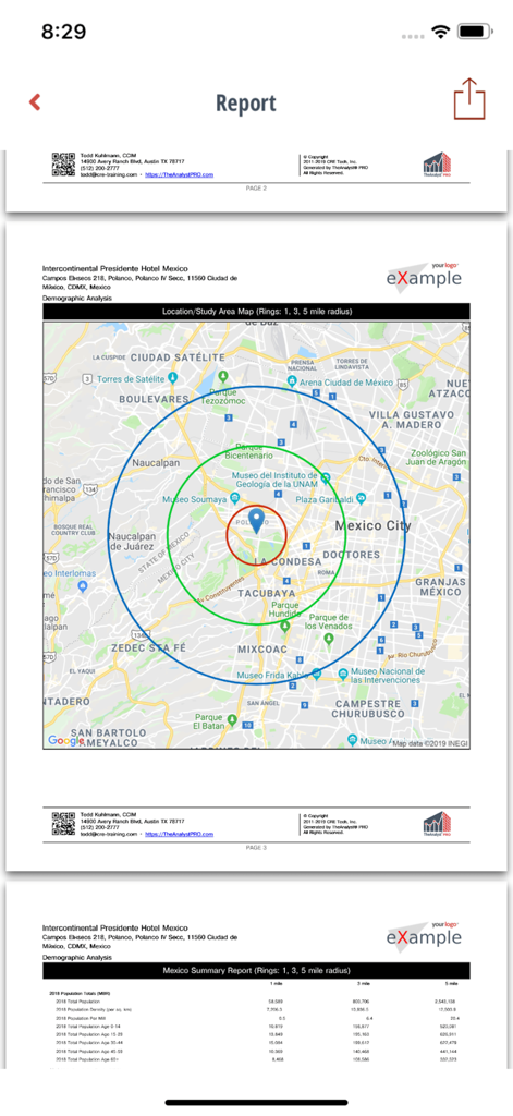 TheAnalyst® PRO - Commercial real estate demographic report featuring a radius map and population data table