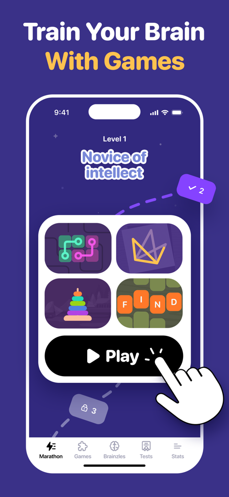 BrainGain - Brain Training - Interface de l'application BrainGain montrant des jeux d'entraînement cérébral de niveau un, y compris des puzzles et des jeux de mots.