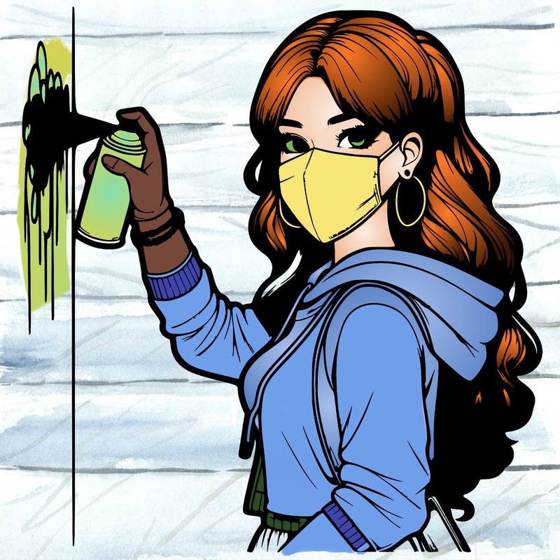 realistic girl with mask spray painting a wall