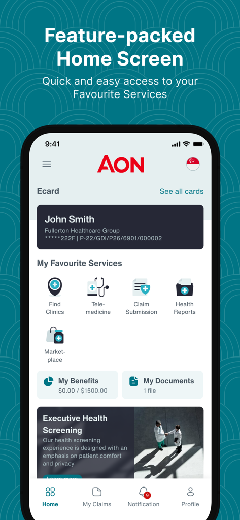 Aon Care plus app dashboard showing medical ecard and quick access to healthcare services