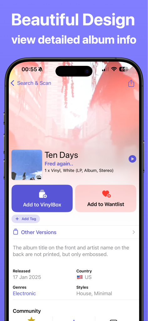 VinylBox 앱의 상세 앨범 정보 및 컬렉션 옵션