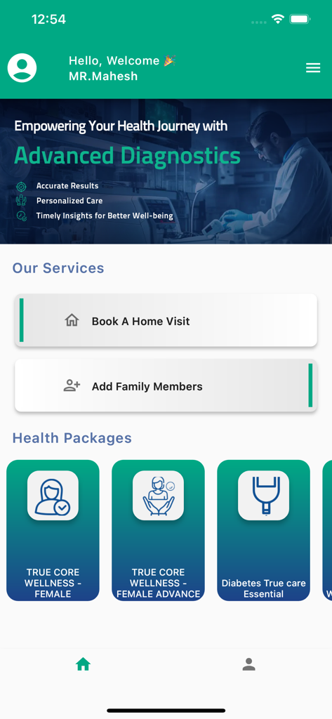 Aster Labs mobile app home screen with health packages and home visit booking options.