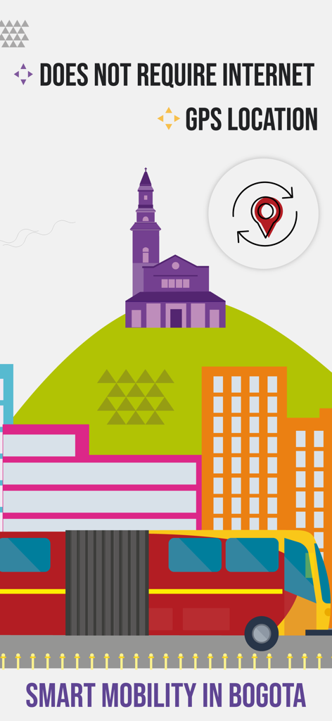 TransmiSitp MoviliXa - Aplicación de movilidad inteligente para Bogotá con navegación GPS sin conexión e ilustración de autobús Transmilenio