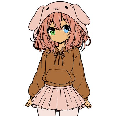 pretty anime girl wearing a fluffy hoodie with bunny ears on the hood and a skirt