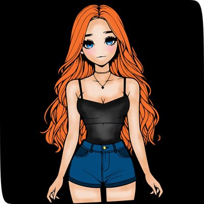 a realistic girl with long hair and in a crop top and shprts