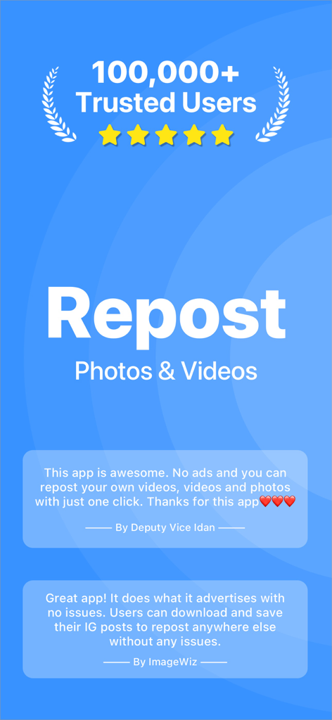 사진 및 동영상용 Repost 앱에 대한 별 5개 평가 및 긍정적인 사용자 리뷰를 보여주는 스크린샷