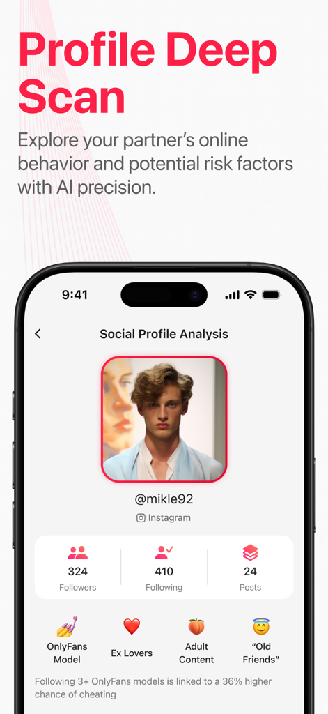 Cheater AI: Social Catfish - Screenshot of the Cheater AI app showing a social profile analysis with risk factor tags and follower data.