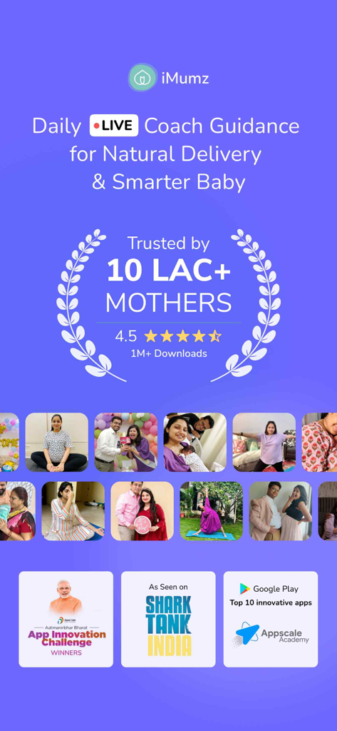 iMumz - Mindful Motherhood - iMumz app promo showing daily coach guidance and trusted by over one million mothers