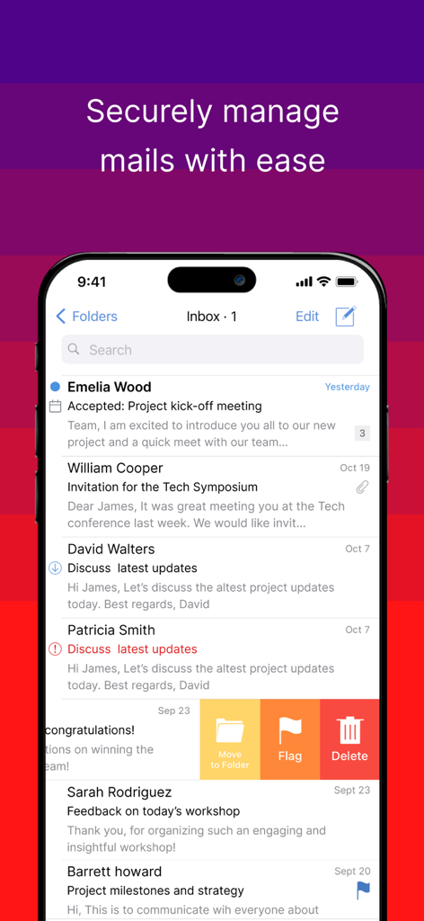 Ivanti Email+ - Ivanti Email plus app interface showing a secure enterprise email inbox with swipe to delete and flag features on an iPhone