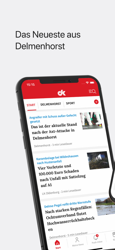 dk News - Pantalla de smartphone mostrando la aplicación dk News con titulares de noticias locales de Delmenhorst, Alemania