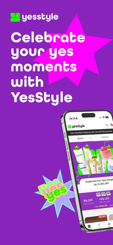 YesStyle App auf einem Smartphone-Bildschirm, der koreanische Schönheitsprodukte und Rabatte zeigt.