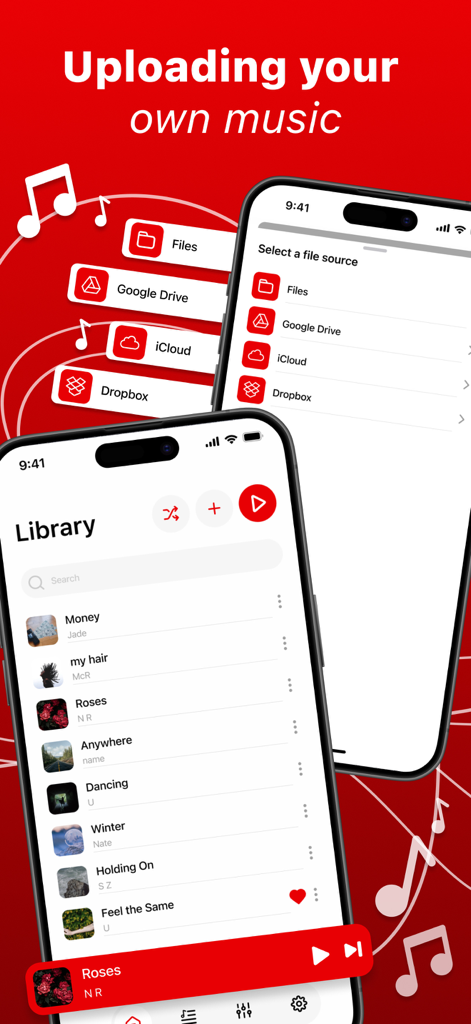 Eine mobile App-Oberfläche, die Optionen zum Hochladen von Musik von Google Drive, iCloud und Dropbox in eine persönliche Musikbibliothek zeigt.