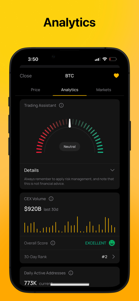 アンストッパブル・クリプトウォレット画面。取引アシスタントゲージや中央集権型取引所の取引量統計を含むビットコイン分析を表示。
