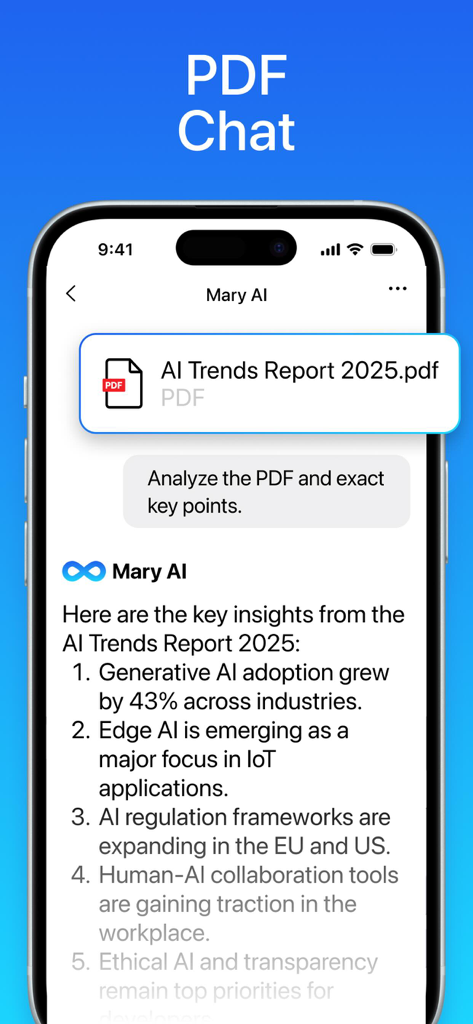 Mary AI Video Image Generator - Mary AI app interface demonstrating the PDF Chat feature summarizing an AI trends report