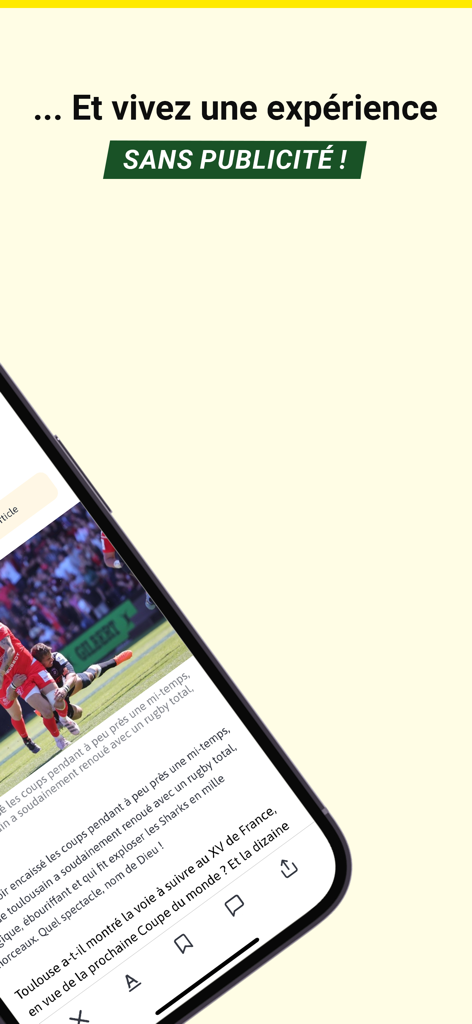 Pantalla promocional de la aplicación Rugbyrama mostrando una experiencia de lectura sin anuncios.