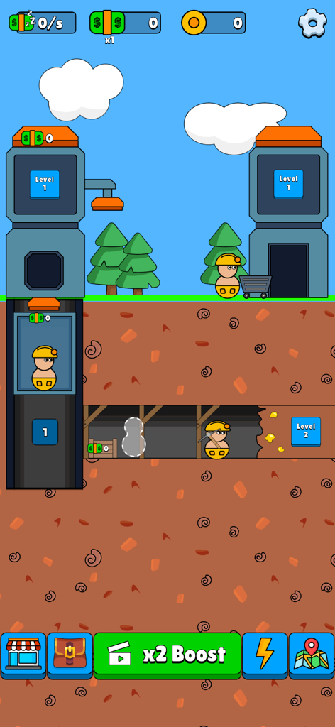 Escenas de juego de una mina subterránea mostrando a un minero de dibujos animados cavando en busca de oro y un sistema de ascensores