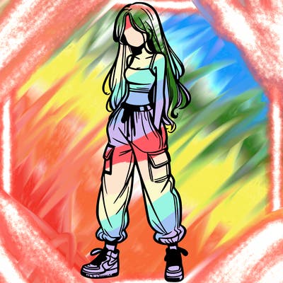 girl in baggy pants crop top and long hair