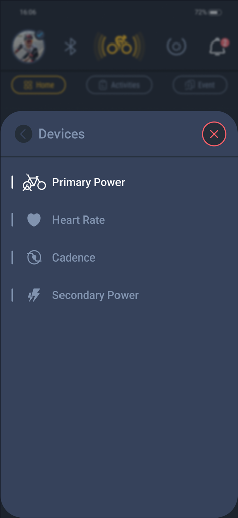 L'interface MyWhoosh Link affichant un menu pour connecter des appareils cyclistes tels que des capteurs de puissance, des moniteurs de fréquence cardiaque et des capteurs de cadence.