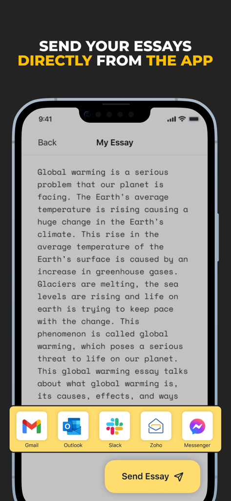 Interface de l'application Friday AI Essay Writing montrant une dissertation sur le réchauffement climatique avec des options pour l'envoyer via Gmail, Outlook et Slack.