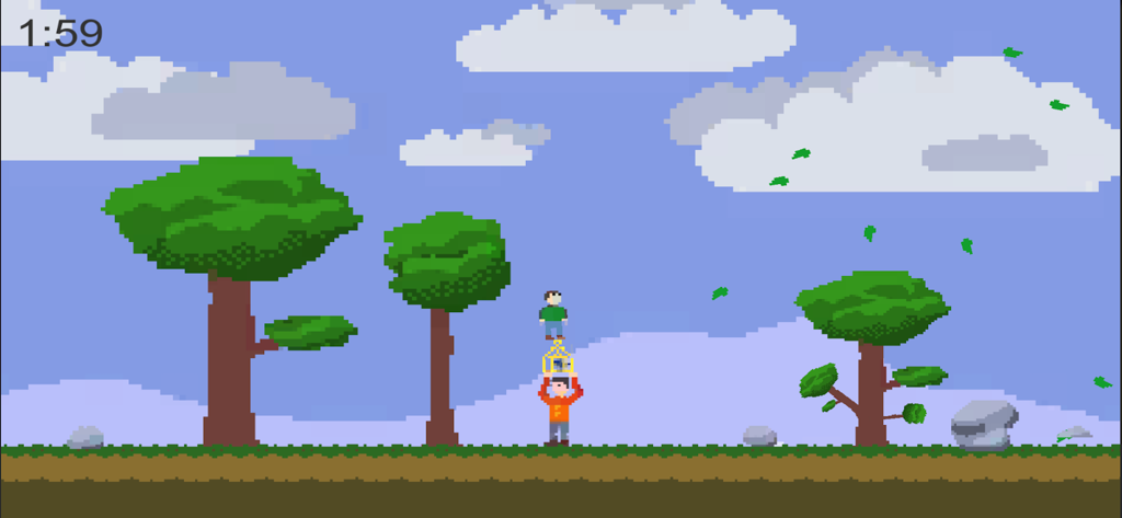 Two pixel art characters stacking and balancing a birdcage in the House Moving Service game