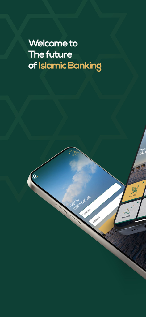 MyCAC Islamic - Welcome screen of the MyCAC Islamic banking app showing the mobile login page
