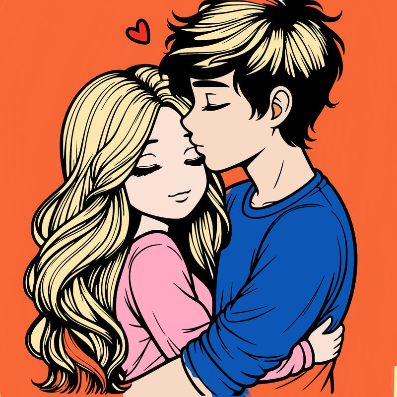 a realistic couple boy and girl hugging and kissing