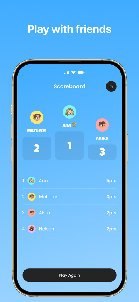 Dato: Trivia Brain Quiz Games - Marcador en el juego de trivia Dato que muestra las clasificaciones y puntos de los jugadores.