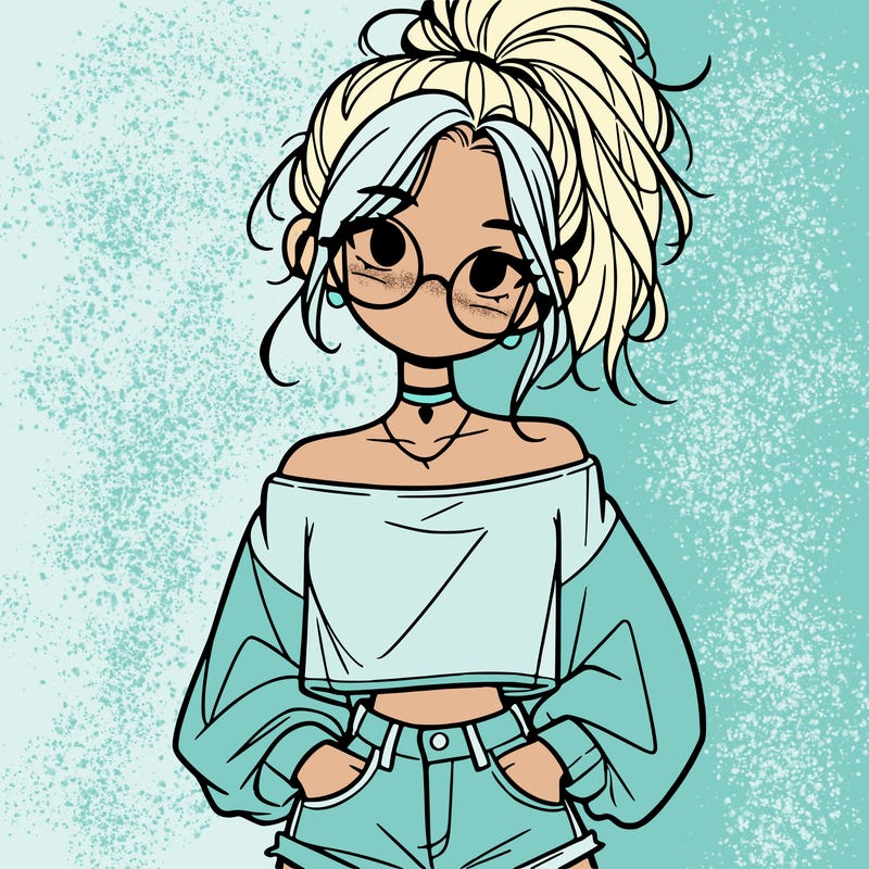 girl with a messy ponytail glasses a baggy crop top and jean shorts