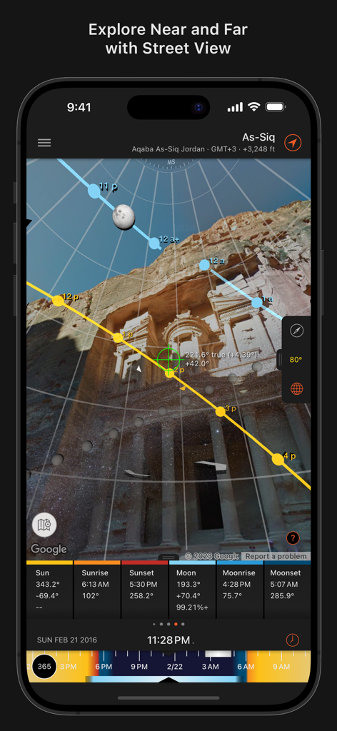 Sun Surveyor app showing sun and moon path overlays on a Street View of a historical site for professional photography planning.